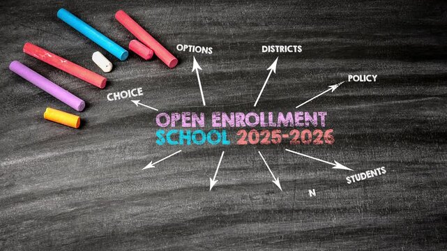 Open Enrollment School 2025-2026. Illustration with keywords and icons. High quality 4k footage
