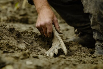 An individual discovers a prehistoric jawbone embedded in dirt, highlighting the importance and intrigue of archaeological excavations in revealing past life.