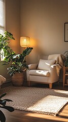 A modern, inviting therapy room with soft lighting, comfortable couch and armchair