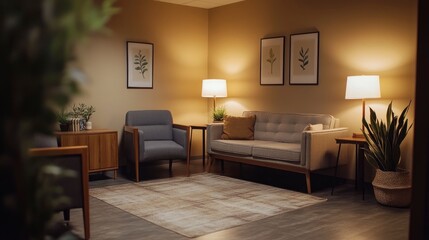 A modern, inviting therapy room with soft lighting, comfortable couch and armchair