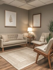 A modern, inviting therapy room with soft lighting, comfortable couch and armchair
