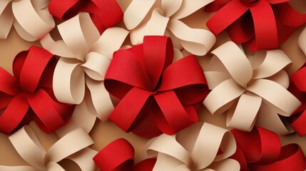 A close-up of decorative red and white bows interspersed, perfect for gifts or festive decorations.