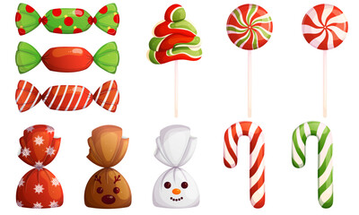 Xmas lollipops, candy set cartoon vector illustration. Happy holidays sweets elements collection.