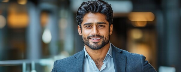 Obraz premium A professional man smiles confidently against a blurred background, showcasing a modern business environment and approachable demeanor.