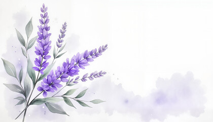Obraz premium Elegant lavender flowers with green leaves on a soft watercolor background