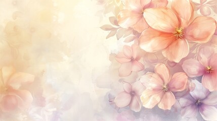 Fototapeta premium A soft watercolor floral background in soft pastel tones creates a gentle, romantic feel with space for large text. 