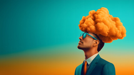 man in suit with cloud above his head, symbolizing ideas and creativity