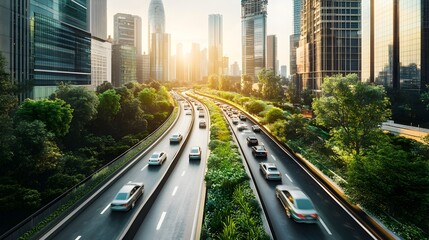 Obraz premium High-tech Futuristic City with Zero-Emission Vehicles and Green Rooftops for a Net Zero Environment