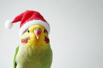 A vibrant green parakeet adorned with a red Santa hat, showcasing a cheerful and festive demeanor against a soft background exuding holiday spirit and charm.