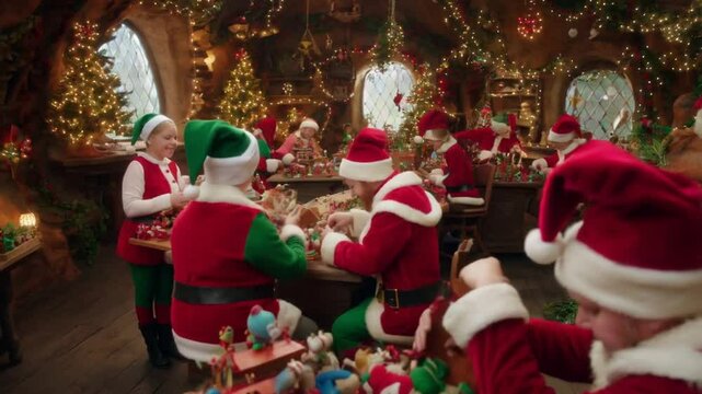 Santa's Christmas workshop grotto is a magical place, filled with cheerful elves crafting toys, twinkling lights, and festive decorations, creating a joyful holiday.