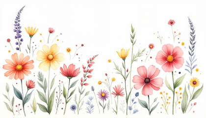 Obraz premium Colorful wildflowers with a variety of blooms on a clean white background