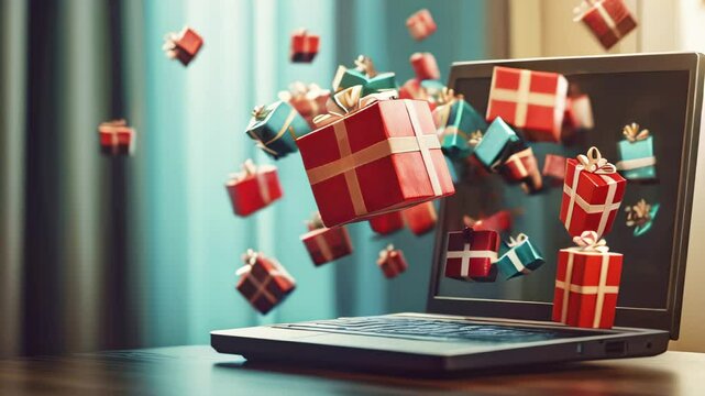 Many Christmas gifts flying out of laptop screen. Online shopping concept, Christmas gift selection, Christmas shopping