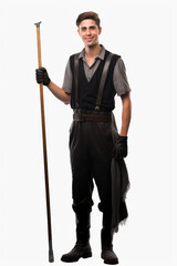 Friendly male chimney sweep holding a cleaning tool and smiling
