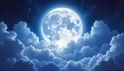 Obraz premium Majestic full moon shining through clouds in starry night sky with magical atmosphere