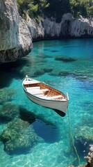 Obraz premium Discover serenity a small boat moored in crystal-clear turquoise waters