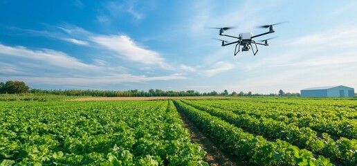 Drone flying over a field of crops.