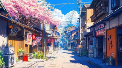 Obraz premium Experience the tranquil beauty of blossoming cherry trees along a serene spring street