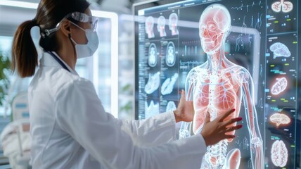 Healthcare professional analyzing interactive digital anatomy display in modern medical lab