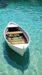 Obraz premium Discover the serenity of a small boat moored in clear turquoise waters