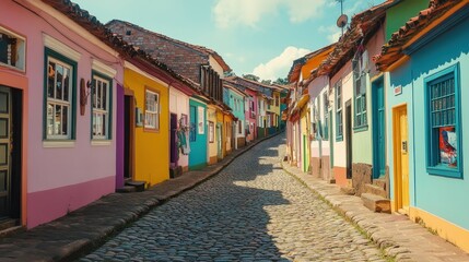 Fototapeta premium Explore the charming row of pastel-colored houses on a cobblestone street