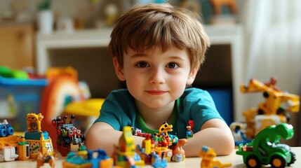 Fototapeta premium A young boy is sitting at a table with a large collection of toys