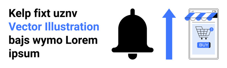 Icons include a shopping cart within a mobile phone, notification bell, and upward blue arrow. Ideal for e-commerce, online shopping, mobile apps, notifications, digital marketing, web design
