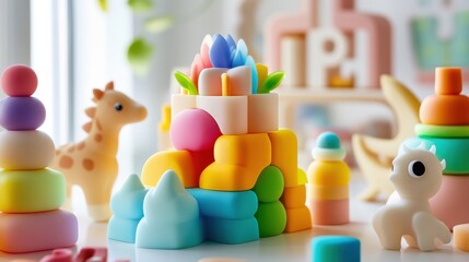 Obraz premium A colorful toy set with a giraffe and a dinosaur