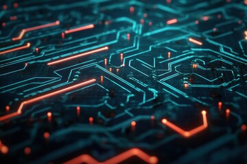 Close-up of an abstract circuit board with glowing blue and red lines.