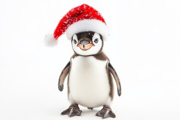 Fototapeta premium An endearing penguin chick wearing a festive Santa hat, lightly dusted with snow, against a white background, adding a dash of holiday whimsy and delight.