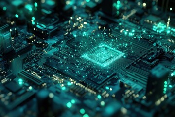 Fototapeta premium A Glowing Processor on a Circuit Board with Teal Lights
