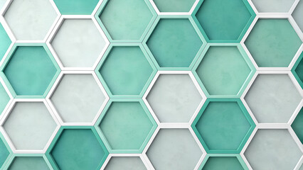 Fototapeta premium Modern hexagonal tile pattern in shades of turquoise and white 