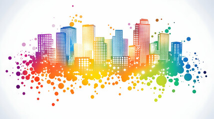 Fototapeta premium Colorful city skyline with rainbow dots background.