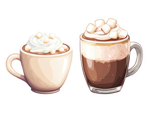 Two cups of hot chocolate with whipped cream and marshmallows on transparent background