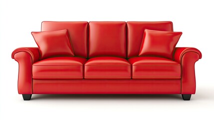 Fototapeta premium A bright red leather sofa with two matching pillows, placed separately on a white background, showcasing its sleek design and comfort.