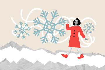 Creative collage portrait of cheerful black white effect girl walk snowy path arm waving hi big...