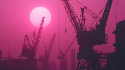 Explore the majestic silhouettes of cranes against a vibrant pink sky in industrial settings