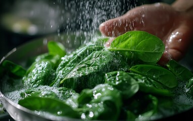 A hand rinsing fresh spinach leaves in a bowl, highlighting preparation for cooking.