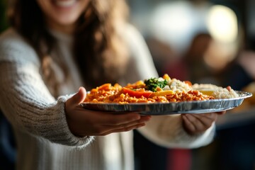 An individual extends a generous platter of appetizing food towards the viewer, emphasizing the themes of generosity and sharing in a lively communal atmosphere.