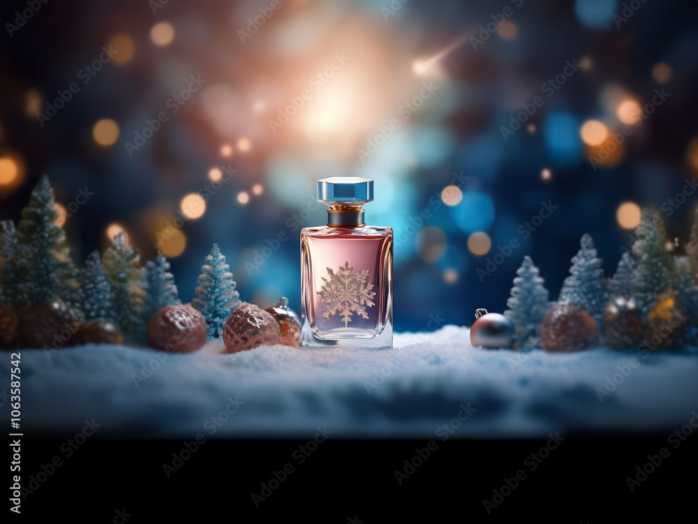 Poster a perfume bottle stands in a snowy forest setting with glistening ornaments and a bokeh background.