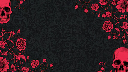dark background with skulls and flowers