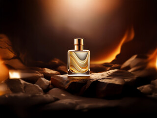 A glass bottle of perfume sits on rocks with a warm glow behind it.