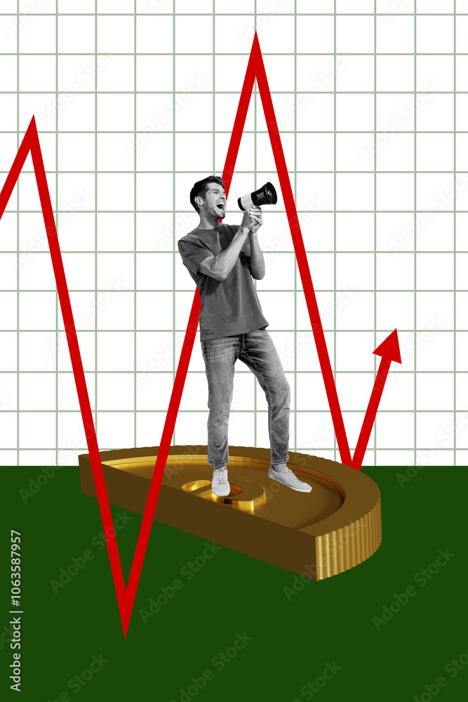 Poster composite trend artwork sketch image photo collage of young guy businessman stand half huge coin hol