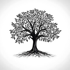 Fototapeta premium Black and white silhouette of a tree with roots on a white background.