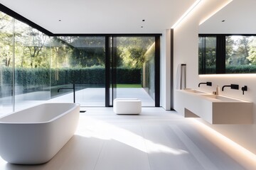 Fototapeta premium Ultra-modern bathroom with sleek, white surfaces, LED backlit mirrors, and minimalist black taps and fixtures.