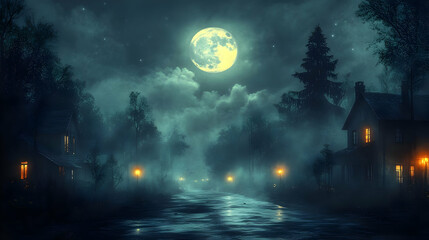 Naklejka premium Nighttime Village Street with Full Moon Illustration