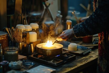 In a dimly lit, artisan workshop, a man makes candles over a small stove, the warm light and gentle steam creating an atmosphere of craftsmanship and tradition.