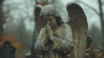 Obraz premium Weathered angel statue praying in misty cemetery setting