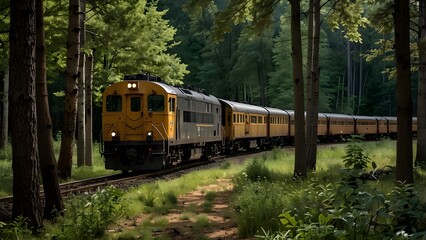 Fototapeta premium A train passing through a woodland on railroad tracks