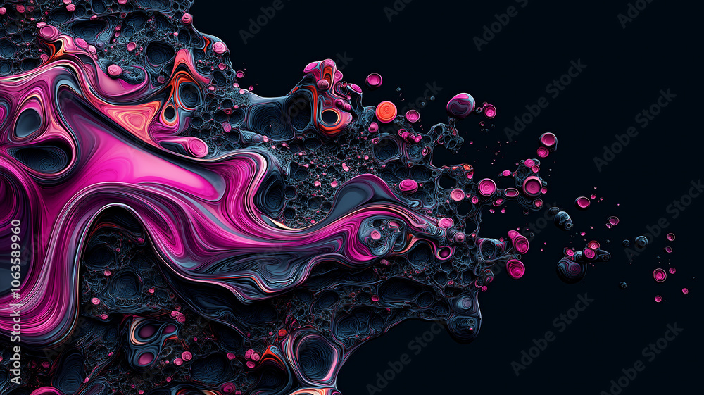 Poster vibrant abstract background with swirling digital glitch effects in pink and black, creating dynamic