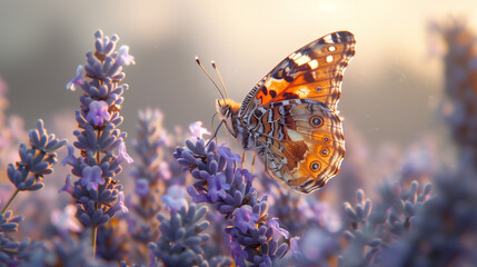 Butterfly perched on lavender flowers with soft lighting